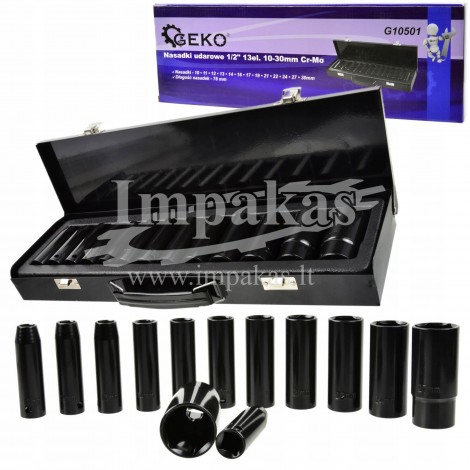 Smūginių galvučių rinkinys Geko 1/2" 13el. 10-30mm Cr-Mo