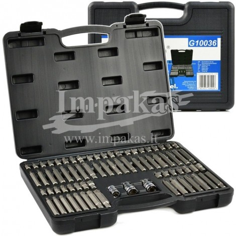 Rinkinys Torx spline ribe 75vnt. CrV. Įvairių dydžių Torx, Spline, Ribe antgaliai. G10036